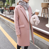 2016春装廓型毛呢外套女中长款韩国宽松茧型藕粉色羊毛呢子大衣