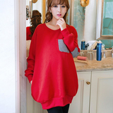 韩版红色贴布条纹长袖卫衣女2016年孕妇装宽松中长款加绒加厚绒衫