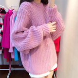 秋冬新品套头名媛宽松粉色圆领韩版毛衣蝙蝠袖针织衫加厚外套女装
