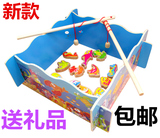 新款桶装亲子木制儿童立体磁性钓鱼玩具宝宝3D益智小猫钓鱼1-3岁