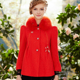 高端粉红玛丽2015冬装新款狐狸毛领羊毛呢外套女短款修身呢子大衣