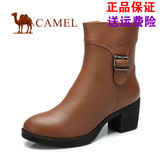 正品camel骆驼女鞋 冬季新款真皮加绒保暖休闲中跟短靴女靴子冬靴