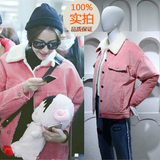 2015冬装迪丽热巴同款粉红色灯芯绒外套羊羔毛休闲宽松夹克上衣女
