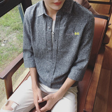 我爱型男秋装新款 韩版男装衬衫外套短袖男立领衬衫棉麻七分袖款