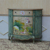 新款地中海彩绘做旧复古半圆三斗柜美式乡村欧式田园手绘家具