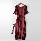 欧美时尚大牌ol气质纯色中长款系带重磅真丝裙简约显瘦连衣裙长裙
