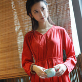 红丝-棉麻复古中国风女装斜襟长袖民族风连衣裙A字大红色长裙女