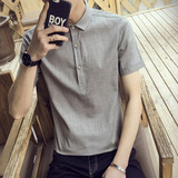 夏季男短袖衬衫薄款棉麻韩版潮修身7七分袖衬衣半袖青年亚麻寸衫