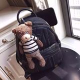 韩国新款韩版简约菱格绣线小熊挂件双肩包小背包休闲旅行女包书包