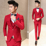 韩版修身青年西服套装个性时尚大红色西装三件套男结婚礼服发型师
