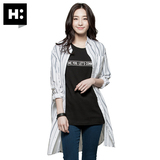 H:CONNECT韩版时尚女装中长款竖条纹衬衫休闲百搭上衣2016春新款