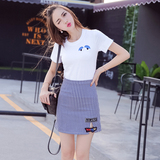 2016夏季新款韩版时尚套装裙短袖T恤+条纹半身a字短裙休闲两件套