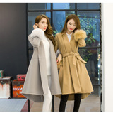 毛呢外套女加厚2015新款韩版女装收腰系带中长款双面呢羊绒大衣冬