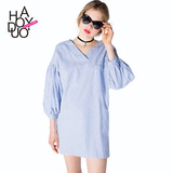预售haoduoyi2016春夏装海军风撞色蓝白条纹印花 灯笼袖V领连衣裙