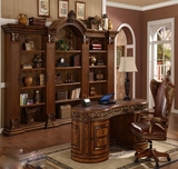 宜心木业 实木欧式书房组合美式雕花书柜圆形书桌升降书椅包安装