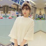 韩版2016春夏新款纯色宽松七分袖中短袖女套头打底T恤衫上衣学生