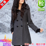 2016春冬季女装韩版羊毛呢外套双排扣修身中长款加厚保暖连帽大衣