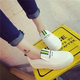 韩版新款女鞋松糕厚底一脚蹬PU皮帆布条纹格子白色学生鞋低帮板鞋