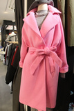 韩国代购2015春季新款粉色毛呢大衣西装领中长款收腰系带大衣女