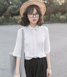 夏季新款韩国学院风宽松短袖学生衬衫女韩范竖条纹翻领中袖衬衣潮