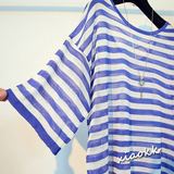 韩版夏季冰丝圆领条纹宽松显瘦透视七分袖针织空调衫防晒衣t恤女