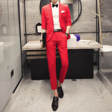 春夏季红色发型师男士纯色西服套装夜店酒吧修身西装外套韩版青年