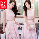 YYKV2016夏季新款女装韩版名媛修身网纱刺绣两件套连衣裙礼服套装