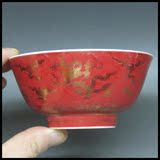 明代成化红釉描金小碗、古玩文物仿古董陶瓷出土收藏摆设老瓷器片