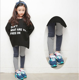 韩国童装非代购女童春16新款韩版时尚个性条纹拼接交叉儿童打底裤