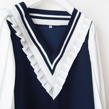藏蓝色 海军学院风 V形条纹花边装饰 收口风琴褶长袖复古连衣裙