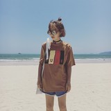 夏季个性破洞T恤女短袖韩国宽松彩色条纹贴布短袖T恤女学生中长款