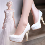 2016春季新款韩国公主水晶超高跟鞋婚鞋白色浅口单鞋防水台女新娘