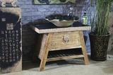 中式复古原木色家具 做旧实木落地台盆柜 配防水台面浴室柜 心香