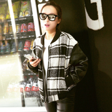 2015秋冬新款韩版显瘦格子短款pu皮袖呢子短外套女棉衣加厚棒球服