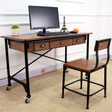 美式复古做旧铁艺LOFT法式实木移动 梳妆台书桌电脑桌工作台