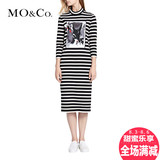 2015秋季新款MOCo黑白条纹印花贴布趣味图案长袖连衣裙MT153SKT04