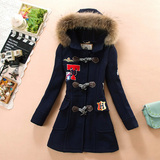 2015冬季少女呢子大衣女韩版中长款加厚连帽牛角扣小熊羊毛呢外套