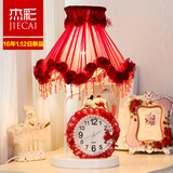 台灯卧室床头红色带钟表小夜灯田园创意时尚布艺结婚礼物温馨暖光