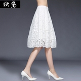 狄黛2016夏装新款欧货白色水溶百搭蕾丝百褶中长款裙显瘦半身裙