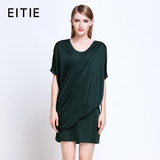 EITIE爱特爱2016夏装新款优雅蝙蝠显瘦纯色个性立体褶皱连衣裙女