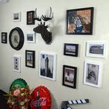 高端钟表照片墙实木相框创意鹿头组合背景墙客厅餐厅装饰必备