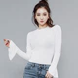 韩国代购正品春季韩版女装性感喇叭袖紧身时尚薄透打底衫T恤上衣