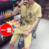 2016夏季新款男士棉麻套装T恤短裤韩版修身大码半袖休闲亚麻印花