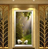 玄关美欧式山水风景油画天鹅湖手绘竖版走廊过道装饰壁客厅有框挂