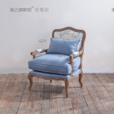 现货法式棉麻刺绣实木休闲椅美式乡村布艺单人沙发椅橡木拼花椅