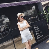 夏季新款2016韩版光板无袖雪纺背心流苏蕾丝两件套连衣裙套装女潮