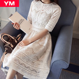 YM女装品牌欧洲站2016春装新款五分袖韩版修身中长款蕾丝连衣裙女