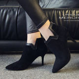 2016春季新款黑色磨砂皮尖头细跟高跟女靴欧美风性感舒适短靴女鞋