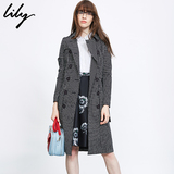 Lily2016春新款女装商务收腰风衣黑白格纹风衣外套116190C1602