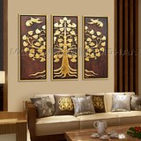 东南亚泰式风格手绘油画客厅玄关金箔油画菩提树三联装饰画菩提树